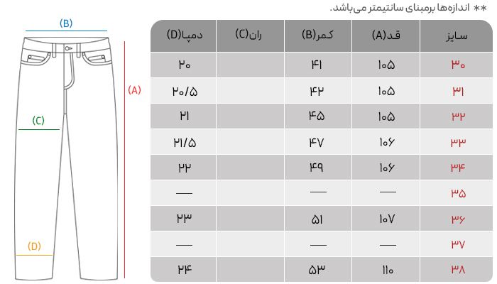 جدول سایز شلوار جین نیم بگ جک و جونز مدل P-101