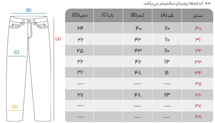 جدول سایز شلوار بگی پلاس پول اند بیر مدل P-124